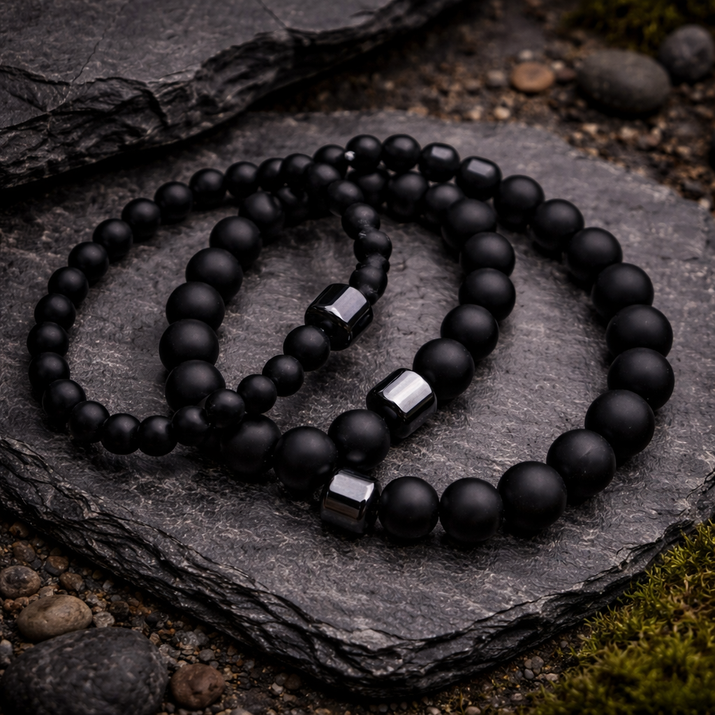 Obsidian Noir, Matte Agate & Hematite Bracelet